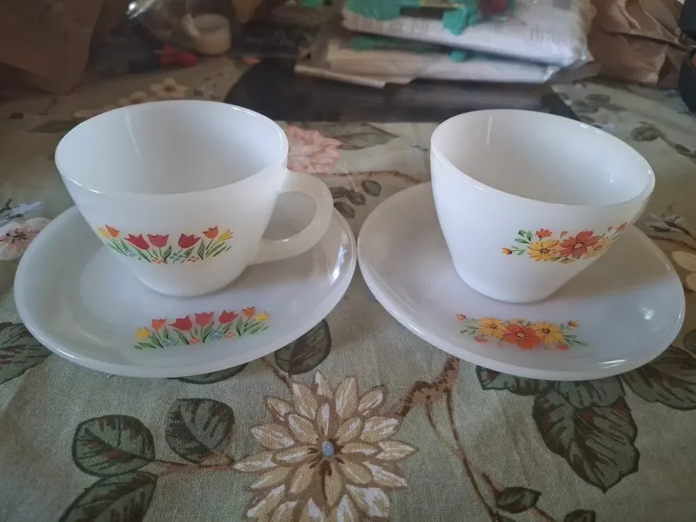 Two Vintage Anchor Hocking Fire King Milk Glass Floral Teacups & Saucers